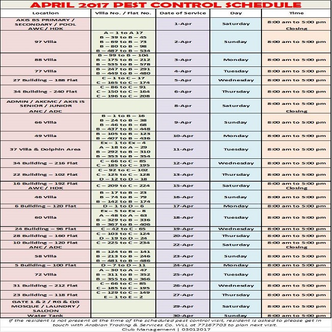 April 2017 Pest Control Schedule